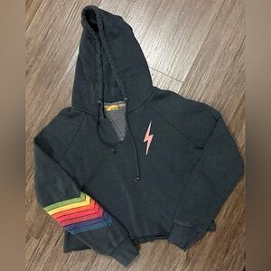 Aviator Nation Bolt Chevron 5 Stitch Split Neck Crop Hoodie in Charcoal. Size S